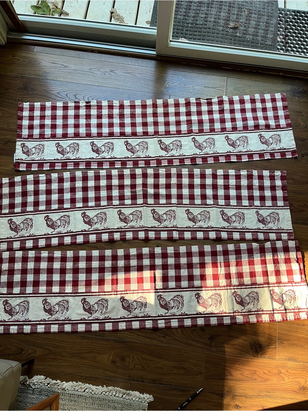 Farmhouse Red Checked window valance Set with Rooster Print